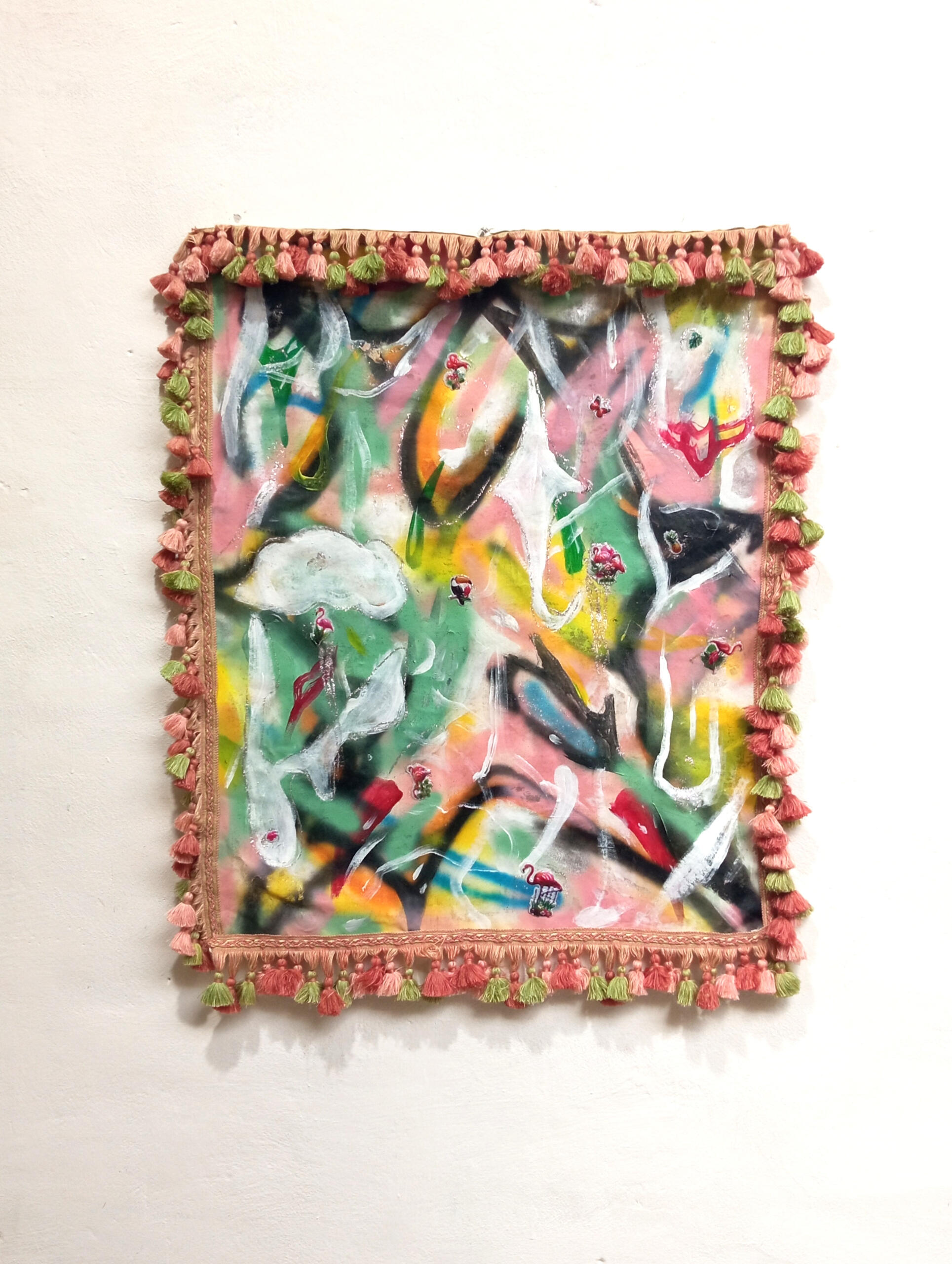 "Teen 1" acrylic paint, stickers on canvas, tassels 65x82cm Teen series 2024